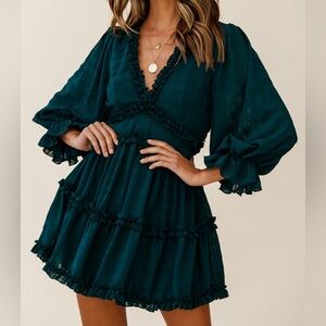 Cutout Back Long Sleeve Forest Green/Teal Dress